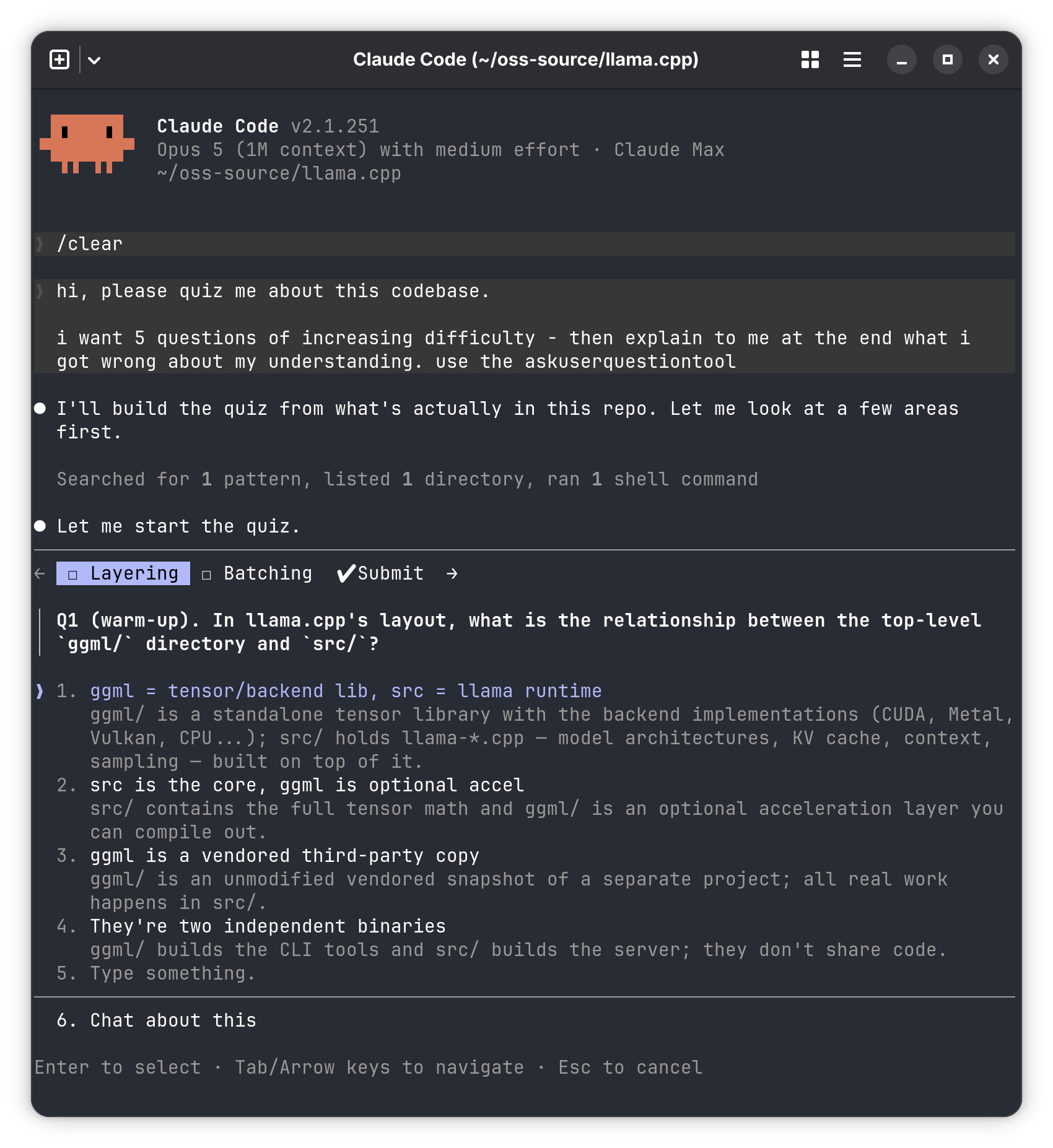 Claude Code quizzing the user about the llama.cpp codebase