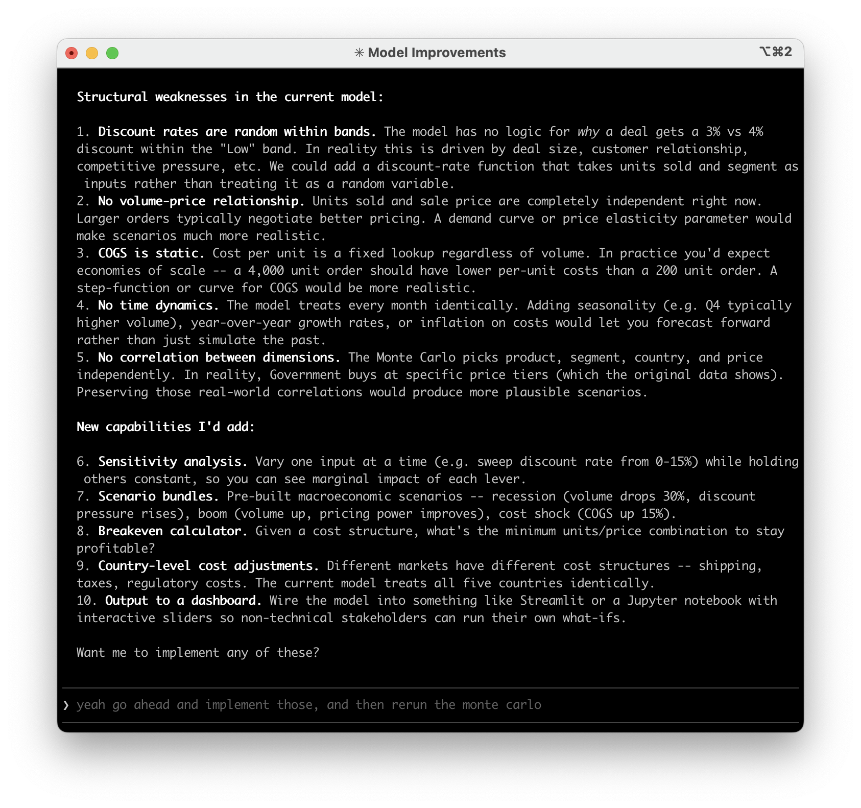 Claude Code suggesting structural improvements to the financial model