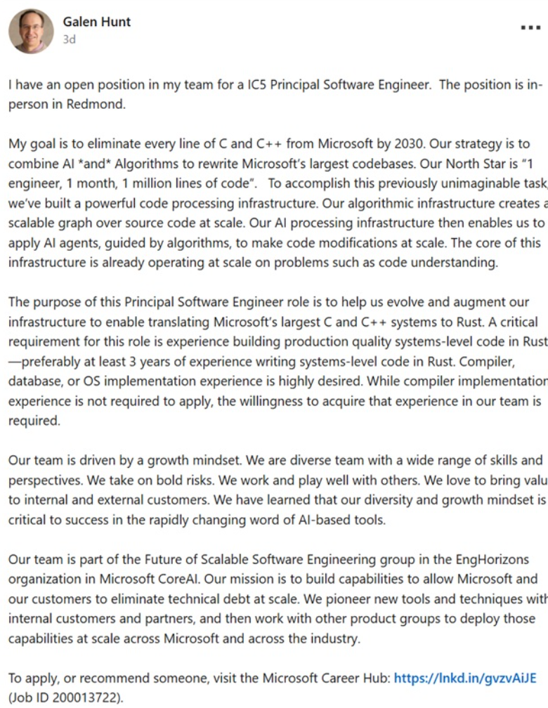 Galen Hunt's LinkedIn post