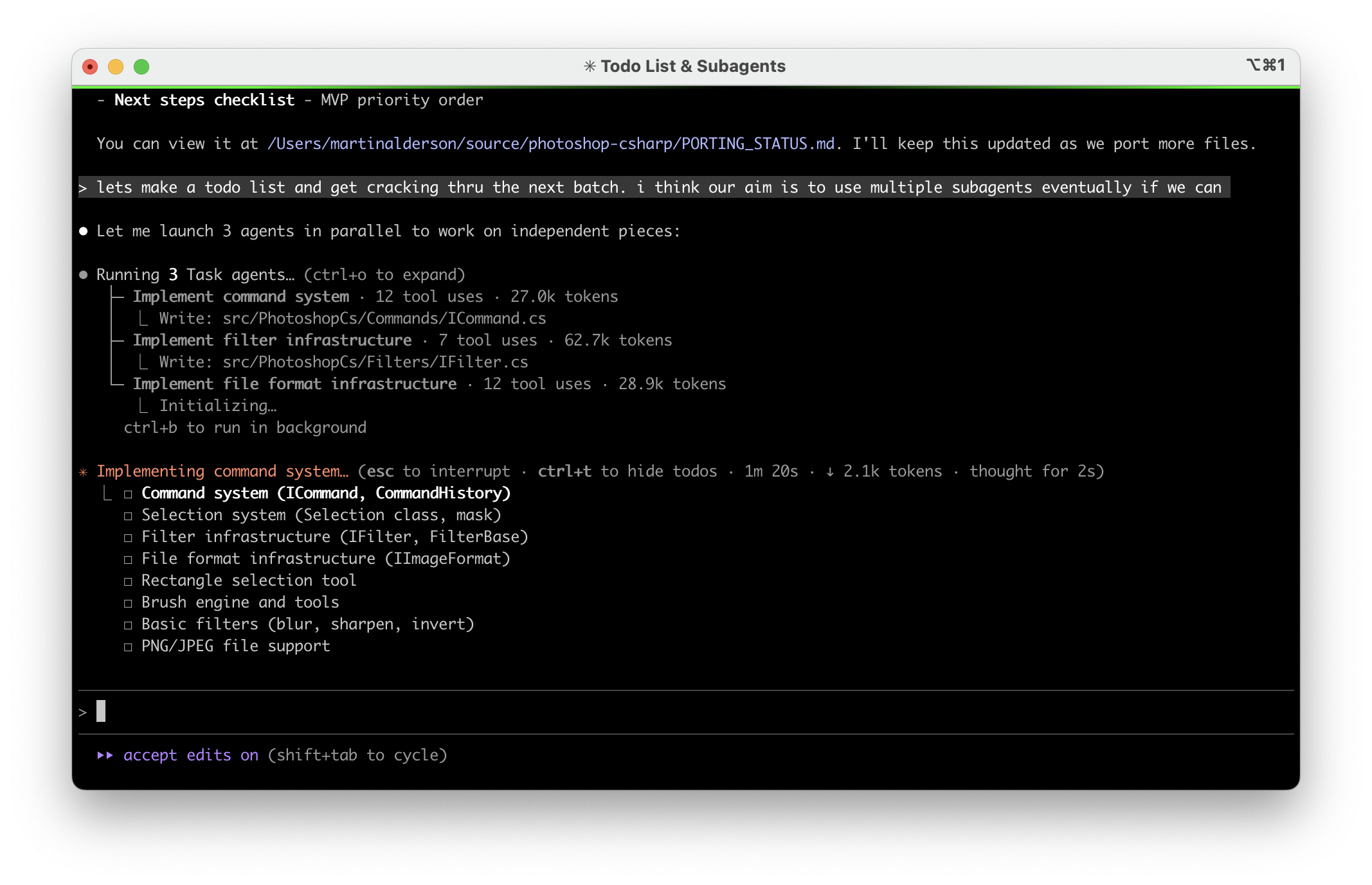 Claude Code subagents working on the port